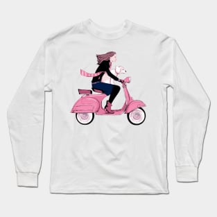 Fun Girl and Dog on Pink Scooter Long Sleeve T-Shirt